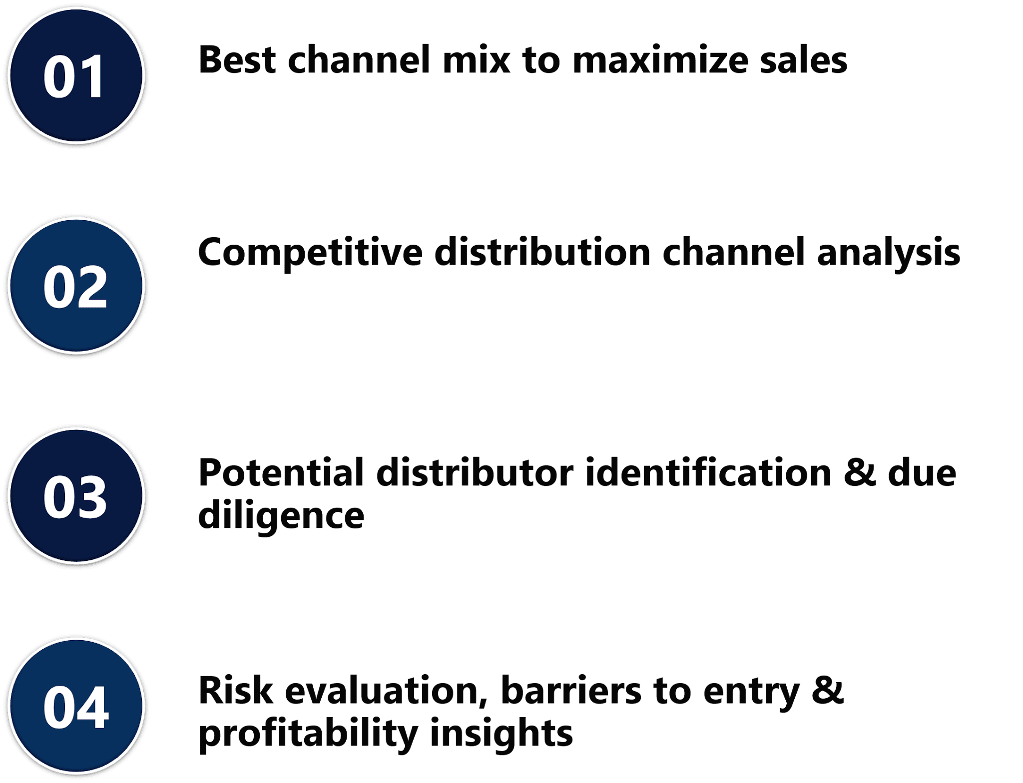 Four-step GTM framework covering channel mix, competitive analysis, distributor identification, and risk evaluation